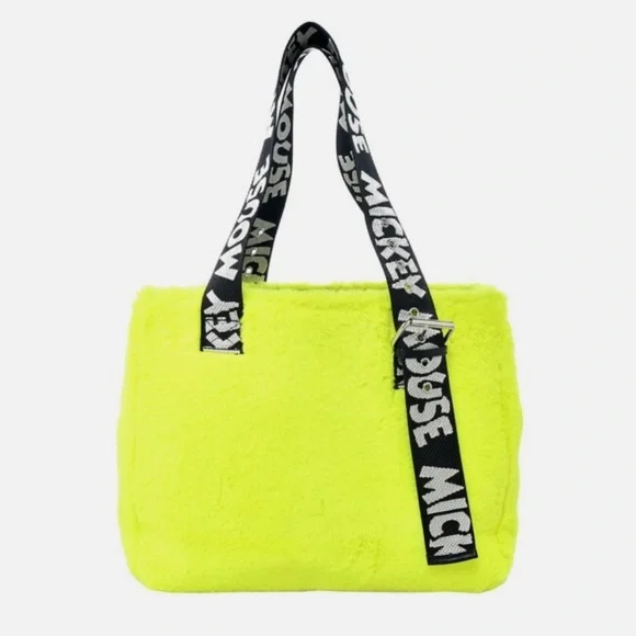 Mickey Mouse Tote Bag Fake Fur Neon Yellow Retro Disney Japan New - Picture 4 of 7